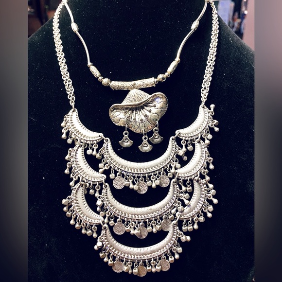 Bundle/lot of 2: Tibetan Silver Boho Fringe Coin Lily Statement Necklace - Picture 1 of 4